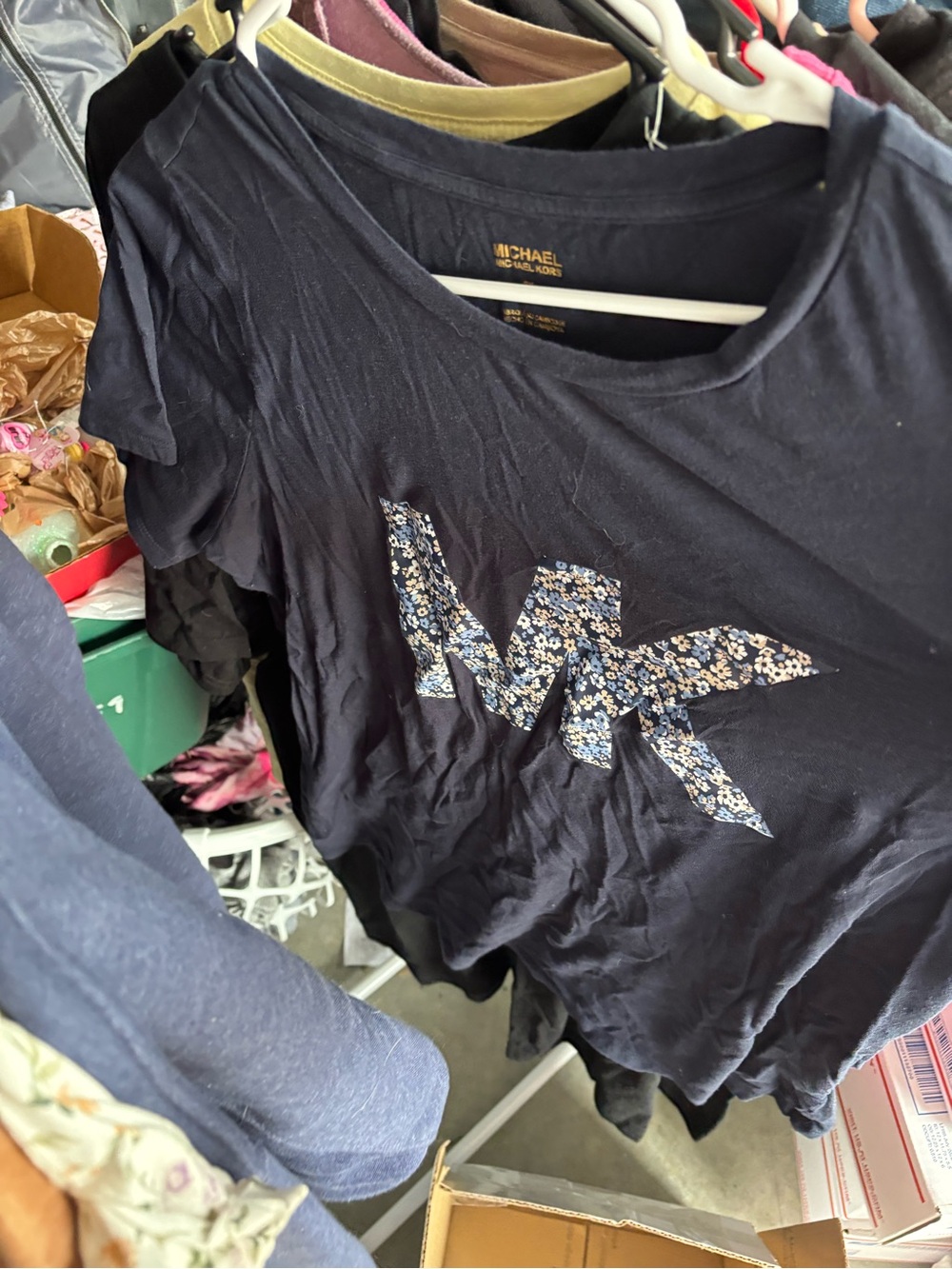 Michael Kors Navy Tee with Gold Logo and Embellished Detail